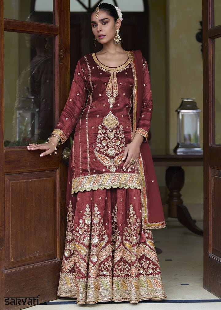 Maroon Red Simar Silk Skirt & Top Set with Fine Embroidery