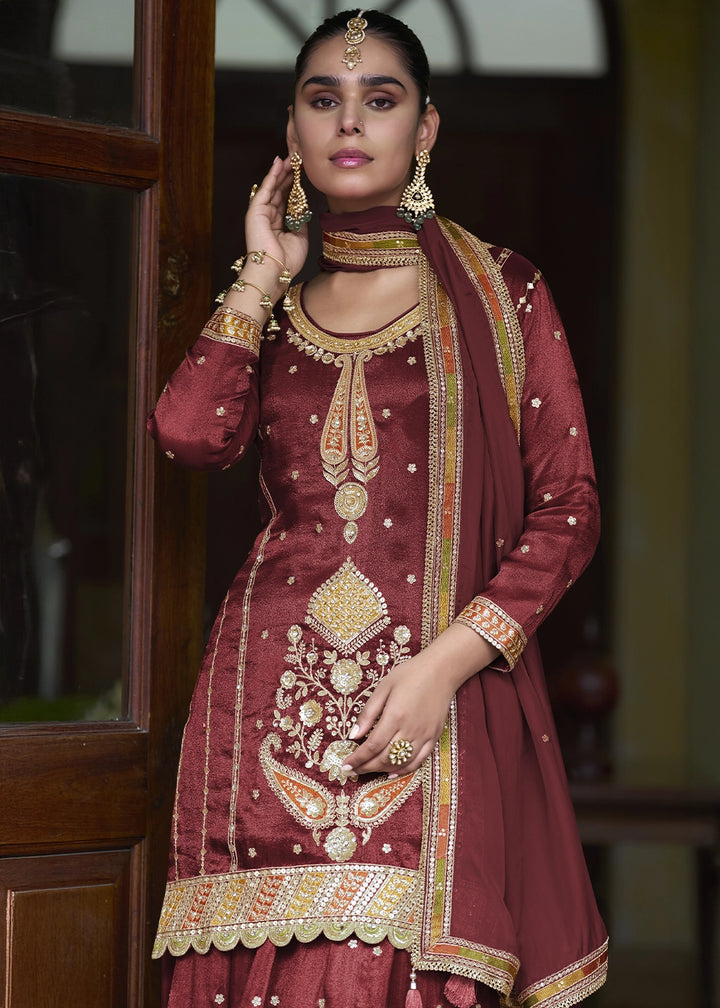 Maroon Red Simar Silk Skirt & Top Set with Fine Embroidery