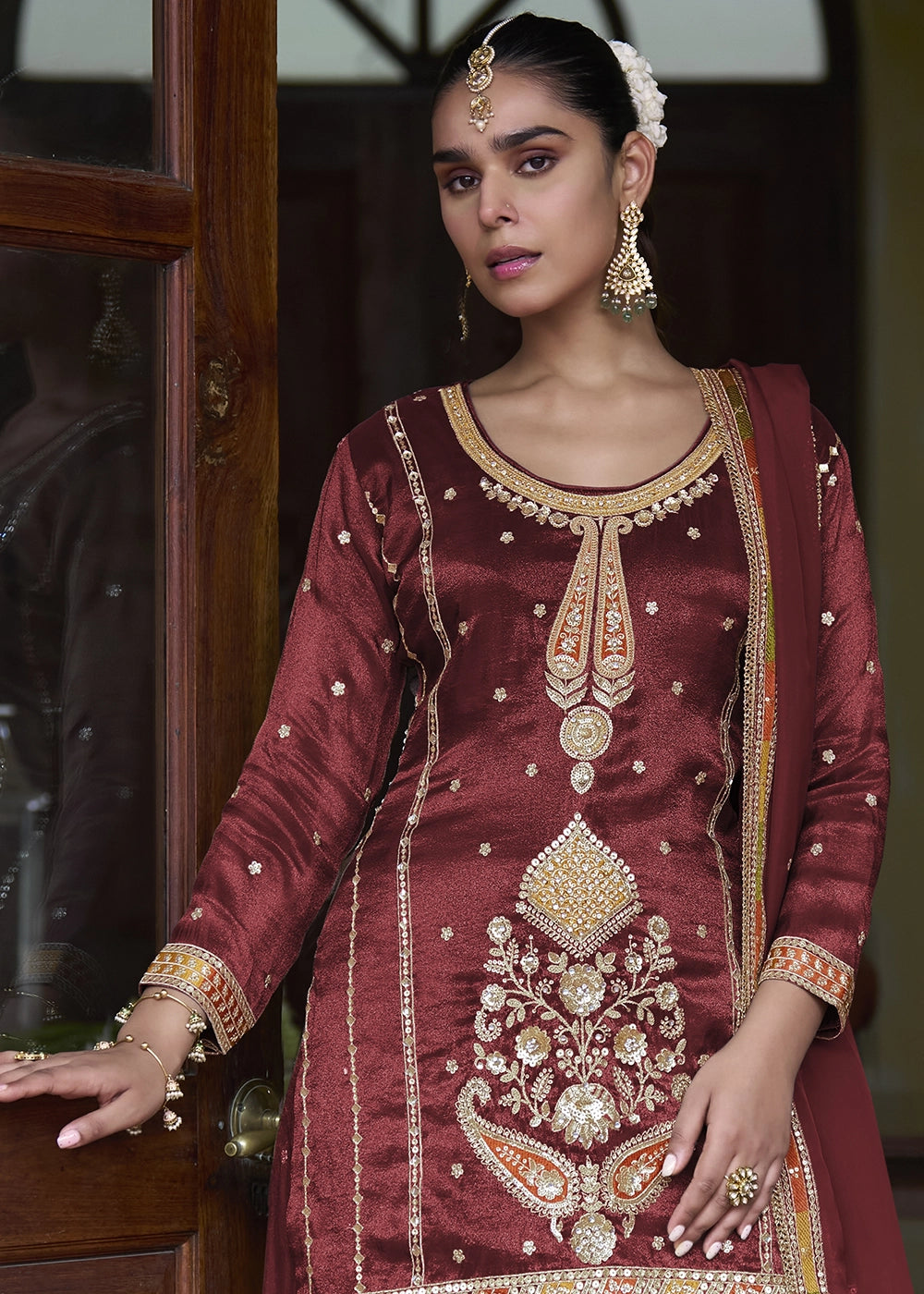 Maroon Red Simar Silk Skirt & Top Set with Fine Embroidery