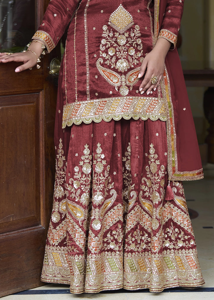 Maroon Red Simar Silk Skirt & Top Set with Fine Embroidery