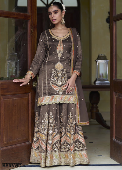 Wenge Brown Simar Silk Skirt & Top Set with Fine Embroidery