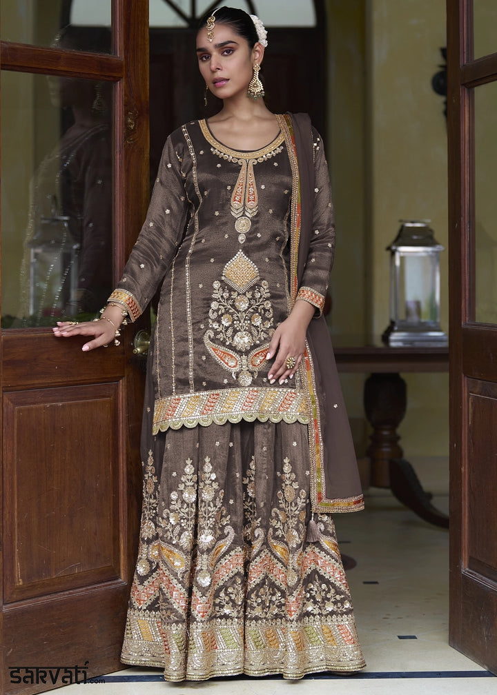 Wenge Brown Simar Silk Skirt & Top Set with Fine Embroidery