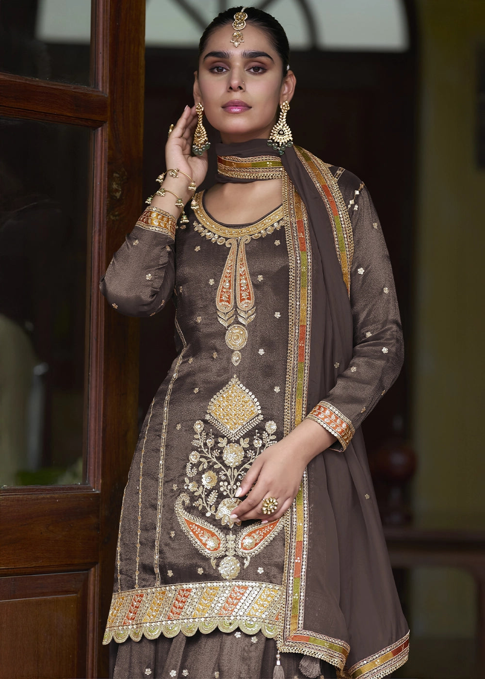 Wenge Brown Simar Silk Skirt & Top Set with Fine Embroidery