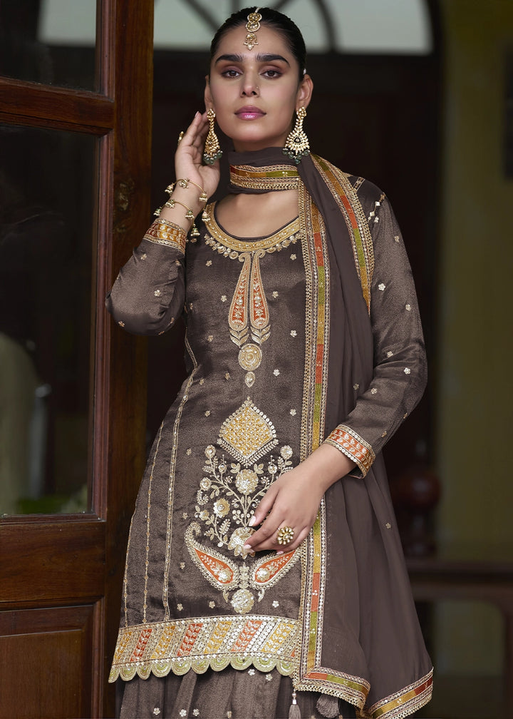 Wenge Brown Simar Silk Skirt & Top Set with Fine Embroidery
