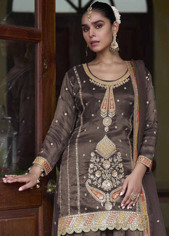Wenge Brown Simar Silk Skirt & Top Set with Fine Embroidery