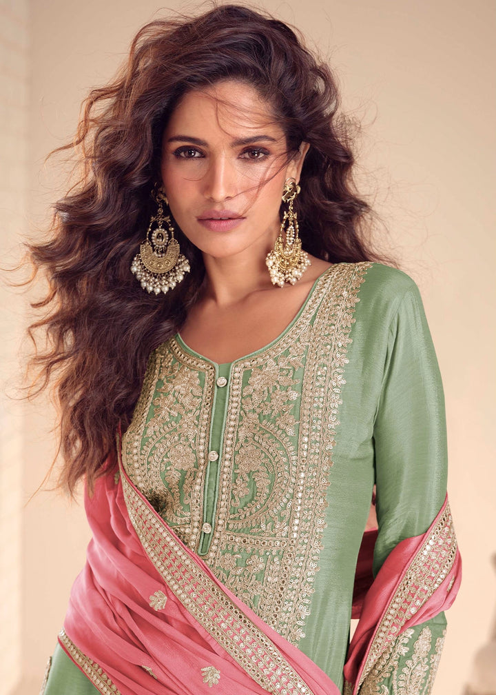 Light Green Chinon Silk Embroidered Palazzo Set with Contrast Dupatta