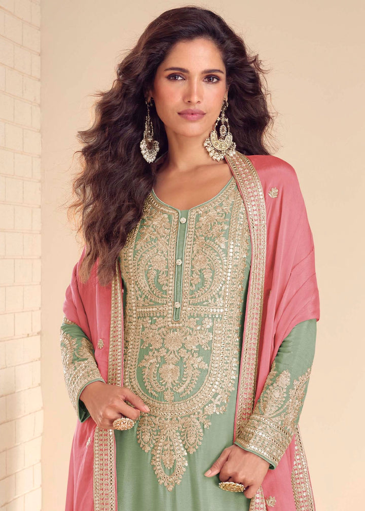 Light Green Chinon Silk Embroidered Palazzo Set with Contrast Dupatta