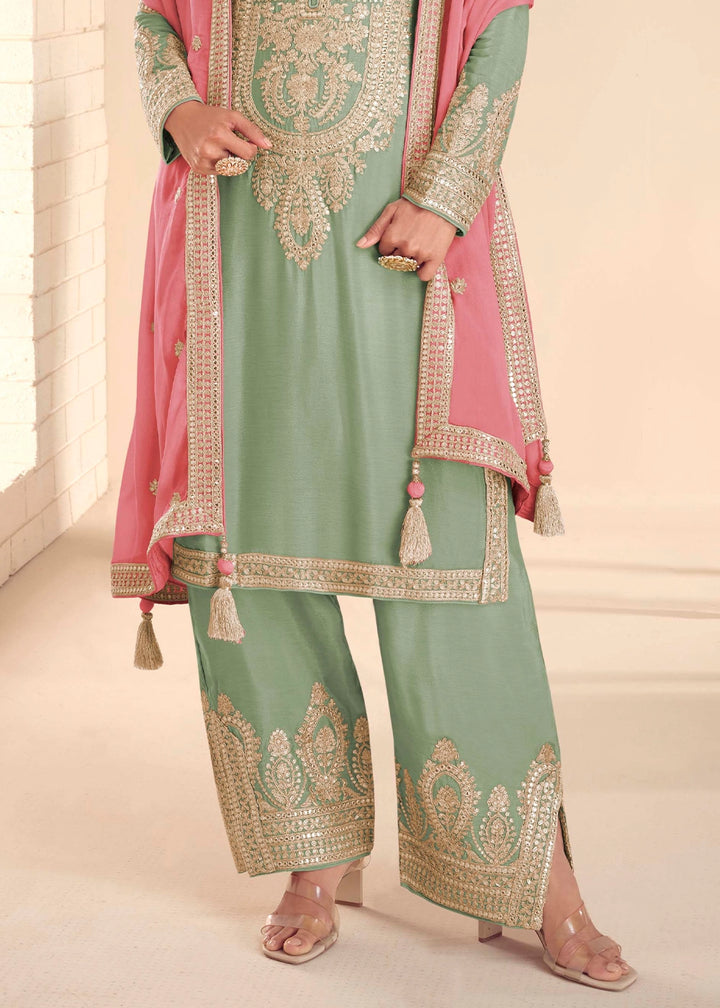 Light Green Chinon Silk Embroidered Palazzo Set with Contrast Dupatta