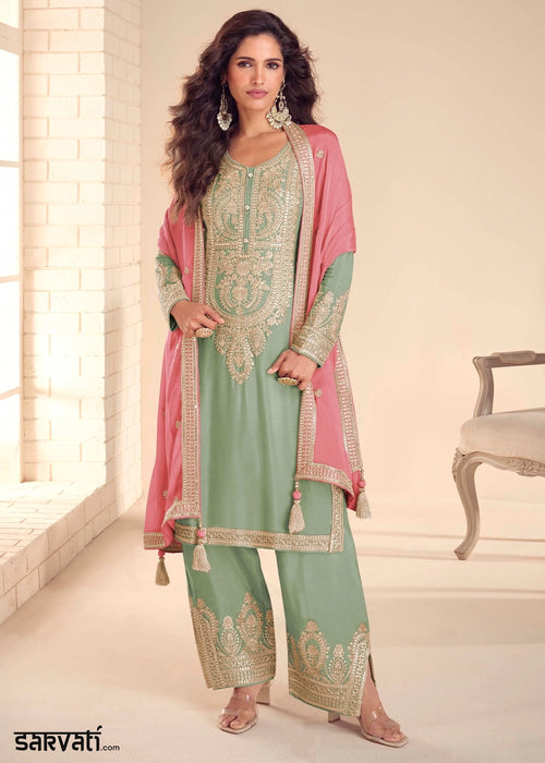 Light Green Chinon Silk Embroidered Palazzo Set with Contrast Dupatta