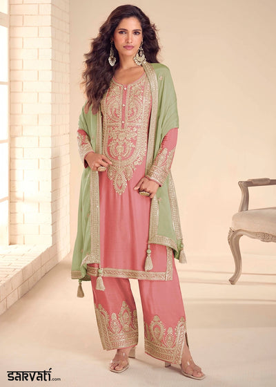 Cotton Candy Pink Chinon Silk Embroidered Palazzo Set with Contrast Dupatta