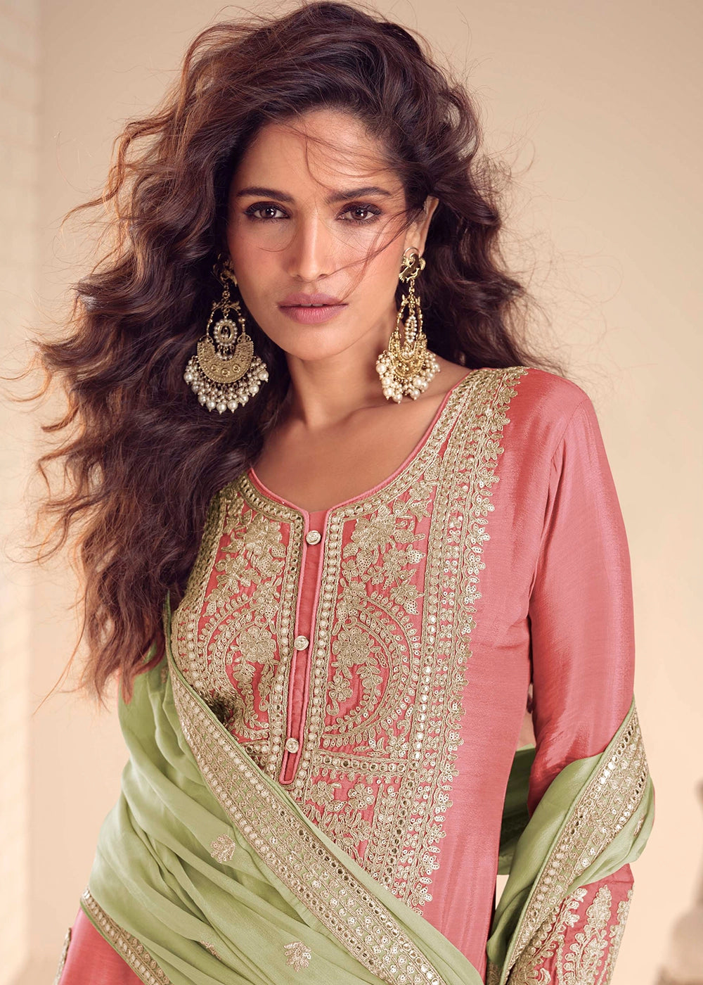 Cotton Candy Pink Chinon Silk Embroidered Palazzo Set with Contrast Dupatta