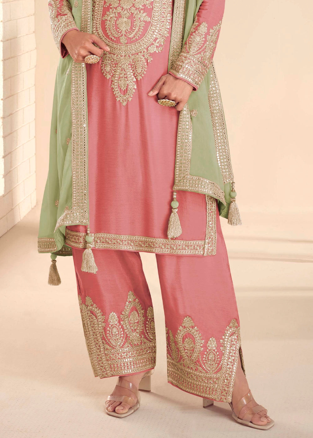 Cotton Candy Pink Chinon Silk Embroidered Palazzo Set with Contrast Dupatta