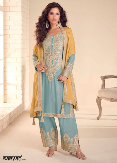 Baby Blue Chinon Silk Embroidered Palazzo Set with Contrast Dupatta