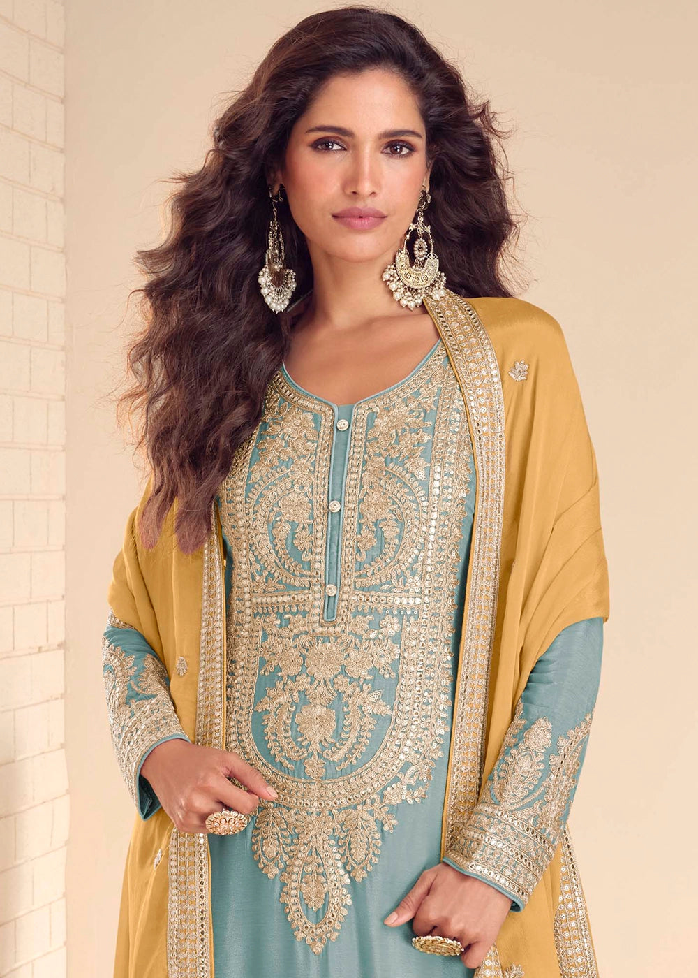 Baby Blue Chinon Silk Embroidered Palazzo Set with Contrast Dupatta