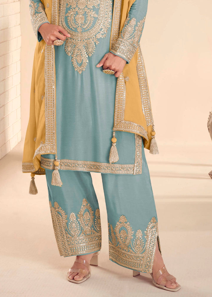 Baby Blue Chinon Silk Embroidered Palazzo Set with Contrast Dupatta