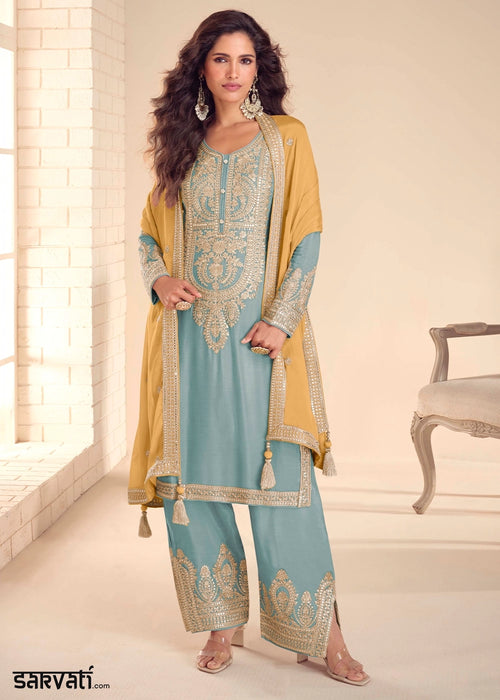 Baby Blue Chinon Silk Embroidered Palazzo Set with Contrast Dupatta