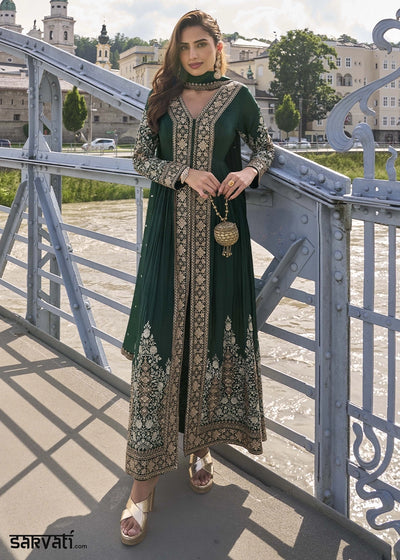 Sacramento Green Chinon Silk Front Slit Suit with Intricate Embroidery
