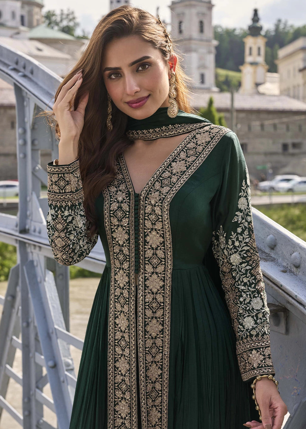 Sacramento Green Chinon Silk Front Slit Suit with Intricate Embroidery