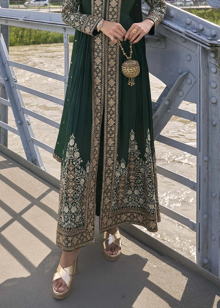 Sacramento Green Chinon Silk Front Slit Suit with Intricate Embroidery