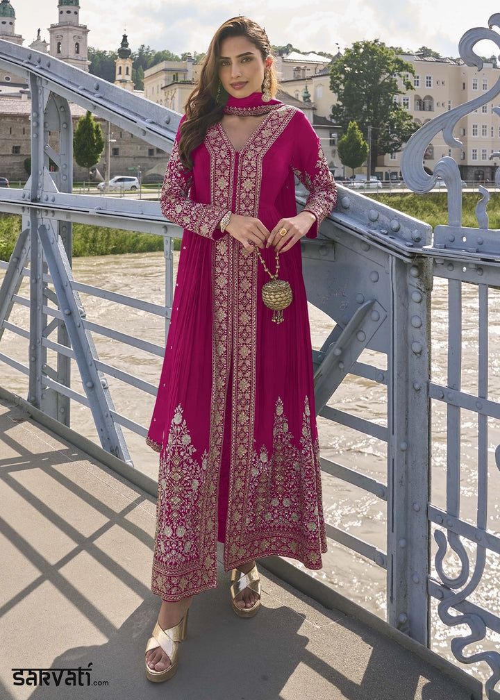 Magenta Pink Chinon Silk Front Slit Suit with Intricate Embroidery
