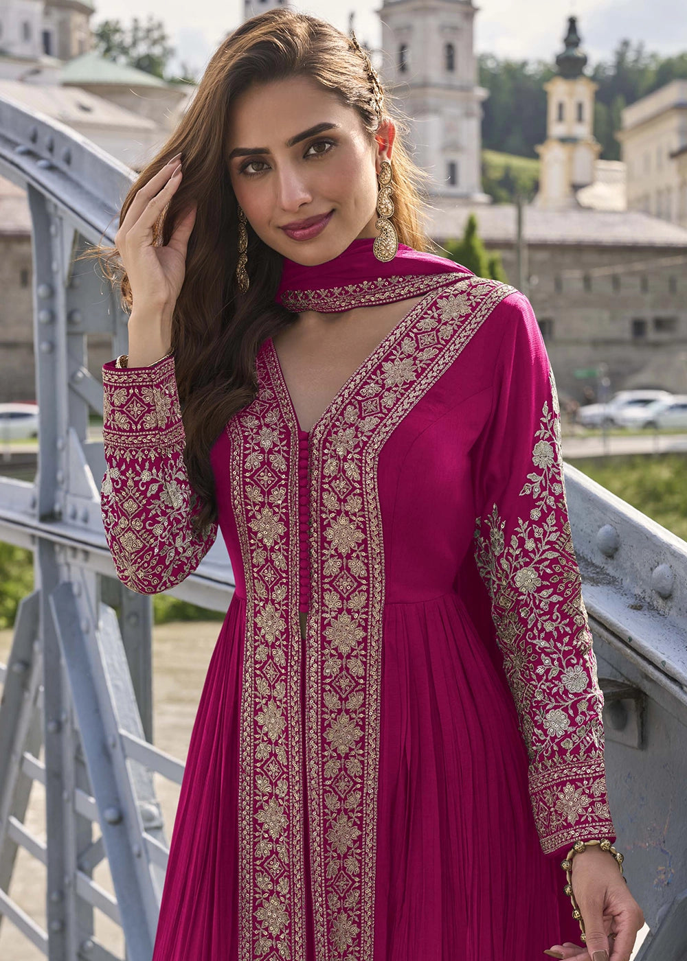 Magenta Pink Chinon Silk Front Slit Suit with Intricate Embroidery