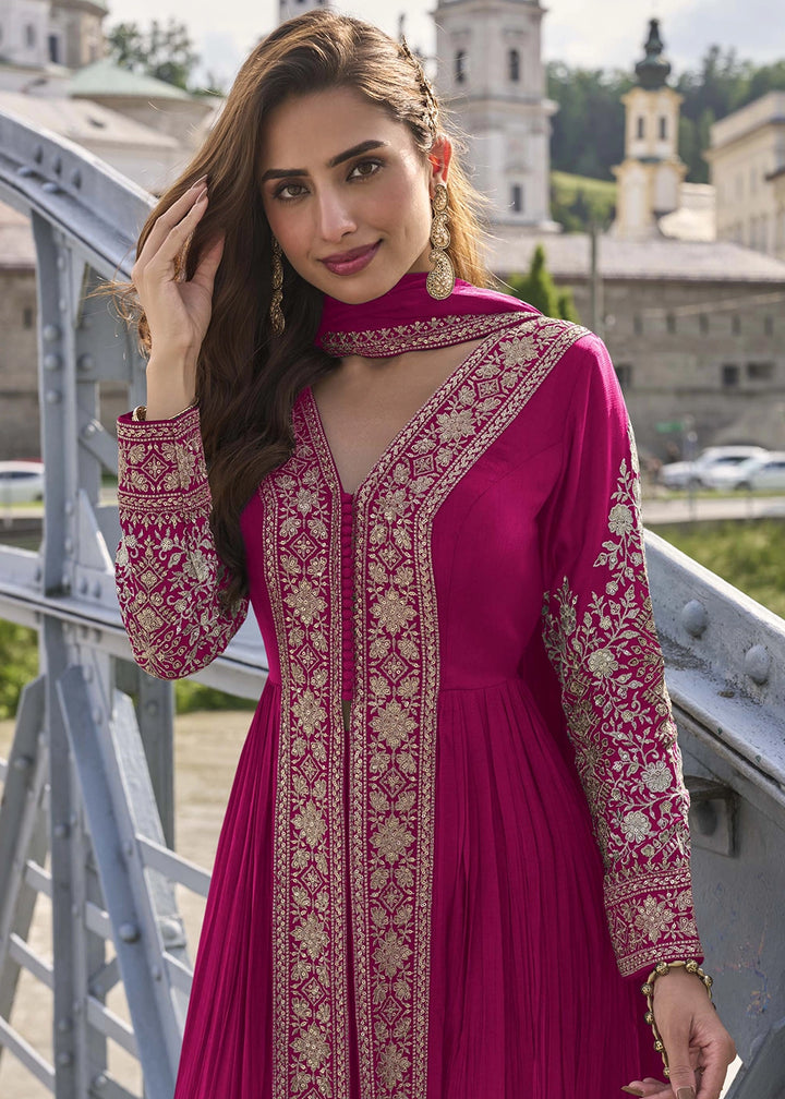 Magenta Pink Chinon Silk Front Slit Suit with Intricate Embroidery