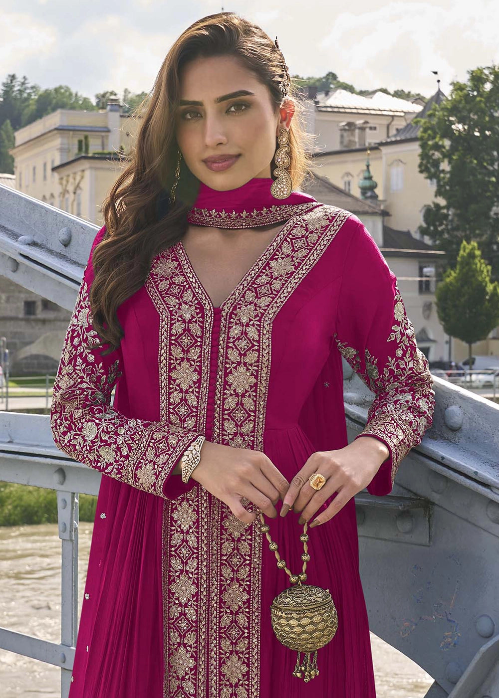 Magenta Pink Chinon Silk Front Slit Suit with Intricate Embroidery