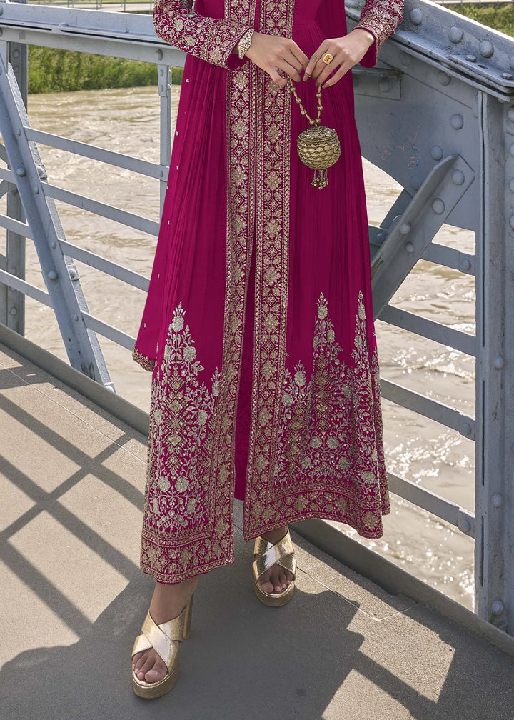 Magenta Pink Chinon Silk Front Slit Suit with Intricate Embroidery