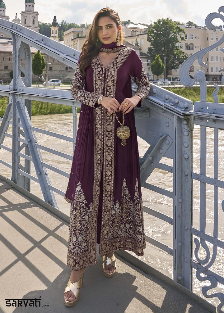 Plum Purple Chinon Silk Front Slit Suit with Intricate Embroidery