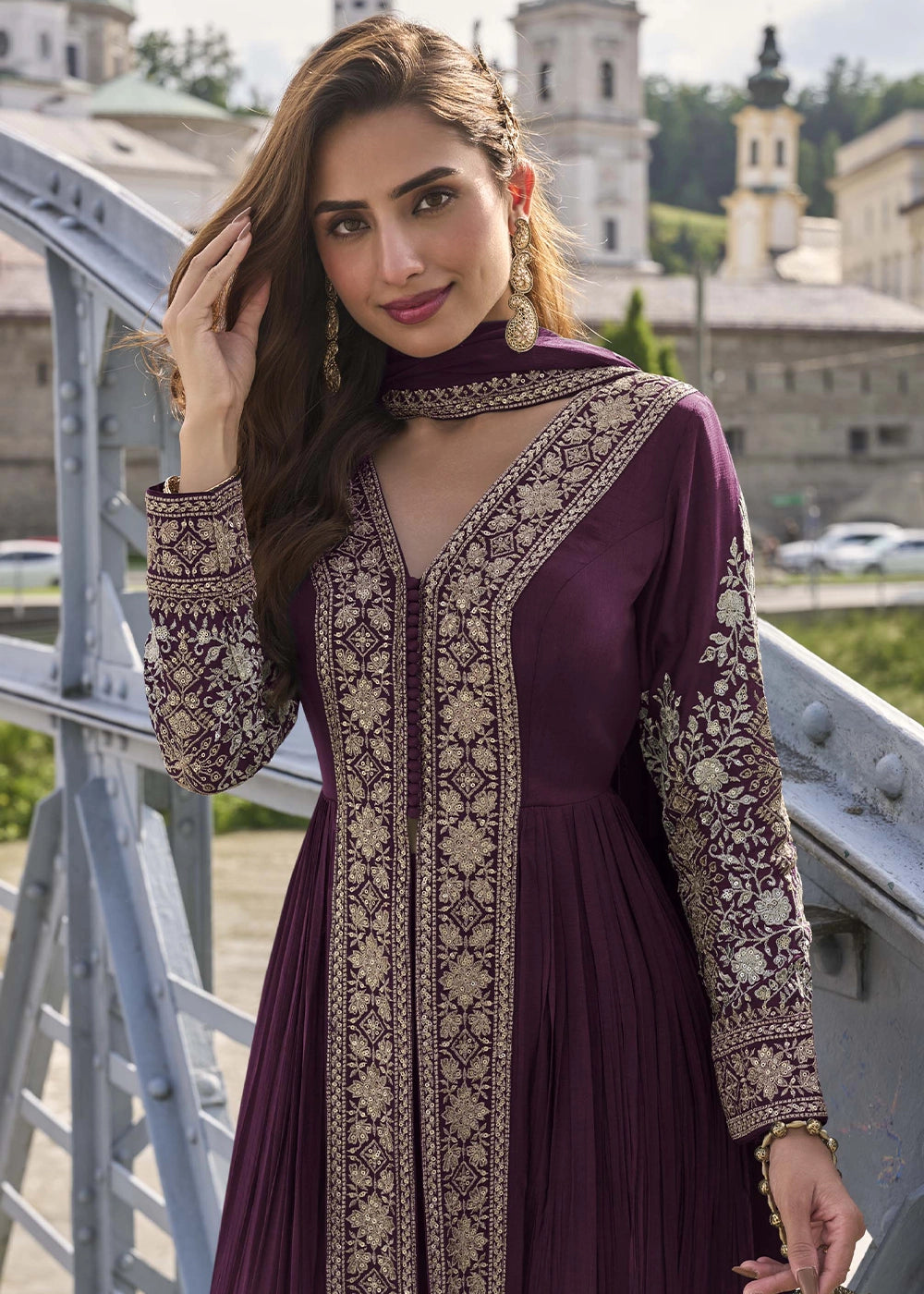 Plum Purple Chinon Silk Front Slit Suit with Intricate Embroidery