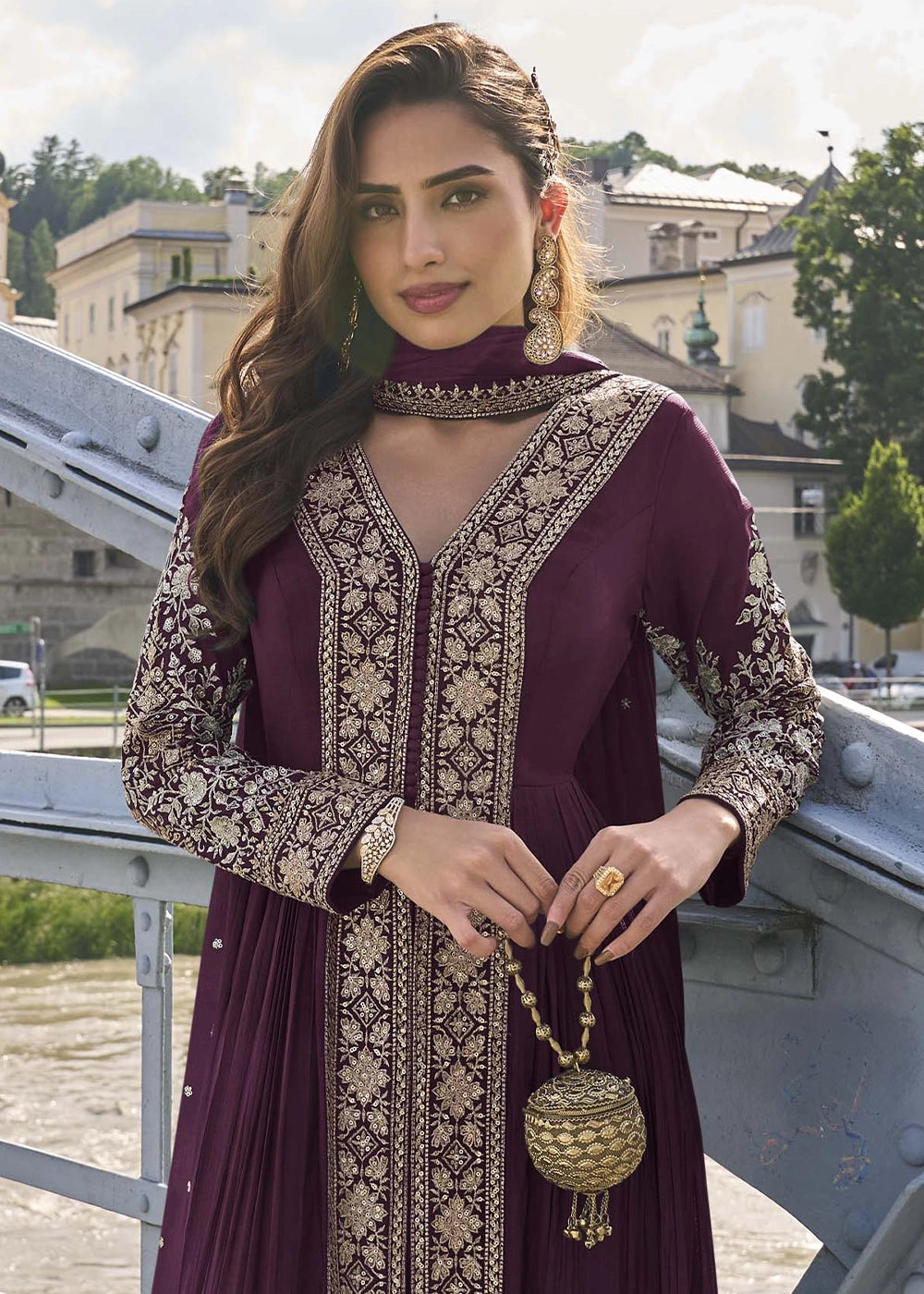 Plum Purple Chinon Silk Front Slit Suit with Intricate Embroidery
