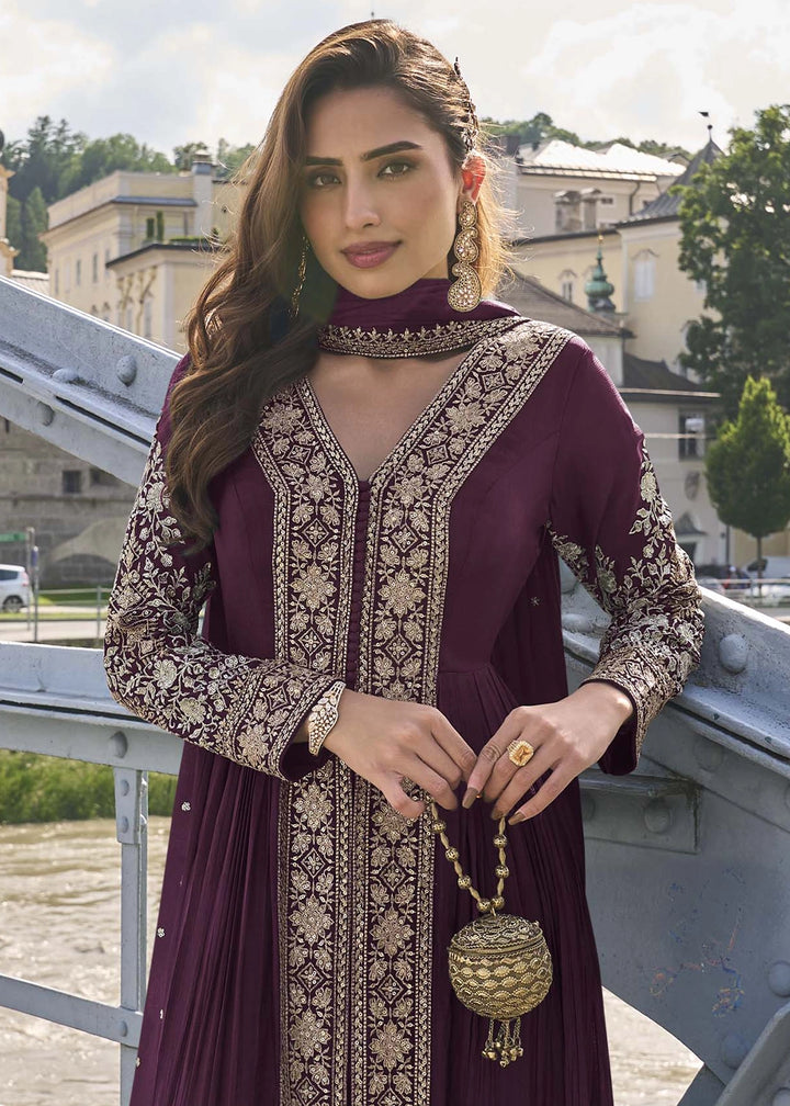 Plum Purple Chinon Silk Front Slit Suit with Intricate Embroidery
