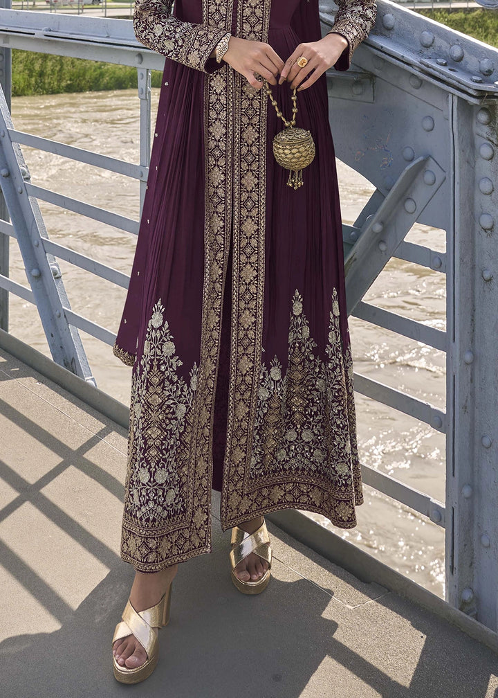 Plum Purple Chinon Silk Front Slit Suit with Intricate Embroidery