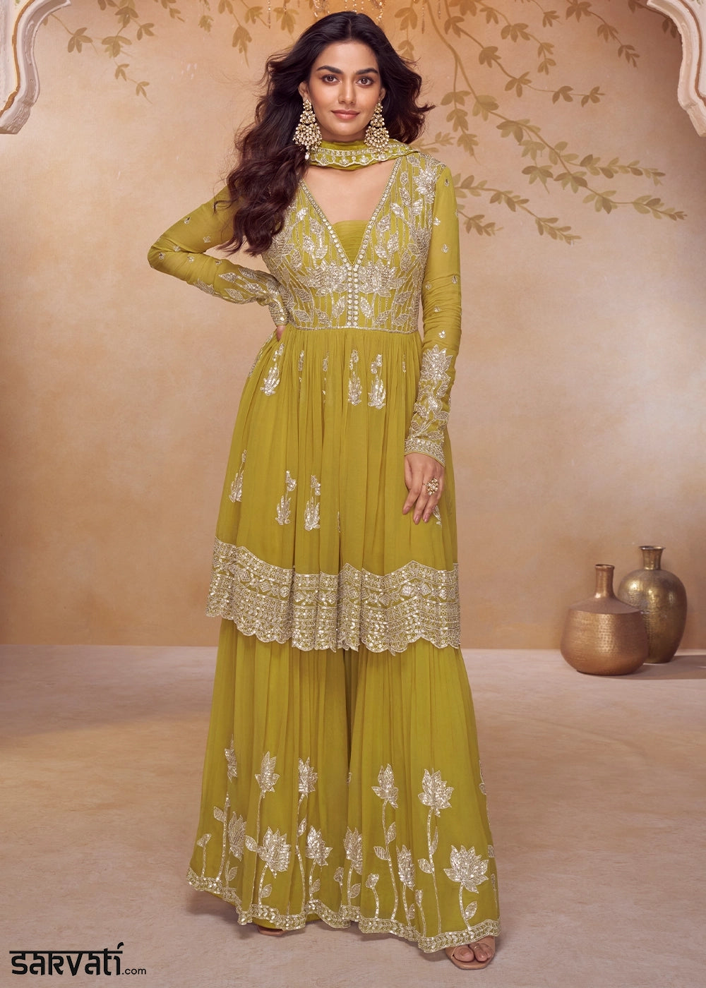 Shrek Green Chinon Silk Palazzo Suit with Contemporary Embroidery