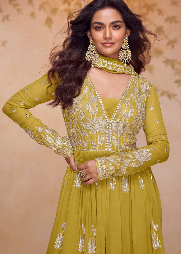 Shrek Green Chinon Silk Palazzo Suit with Contemporary Embroidery