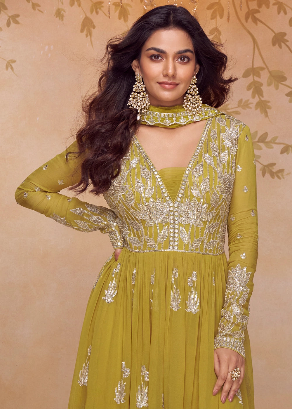 Shrek Green Chinon Silk Palazzo Suit with Contemporary Embroidery