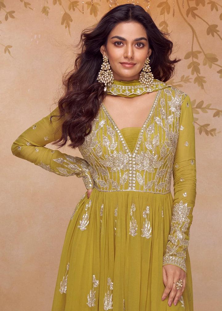 Shrek Green Chinon Silk Palazzo Suit with Contemporary Embroidery