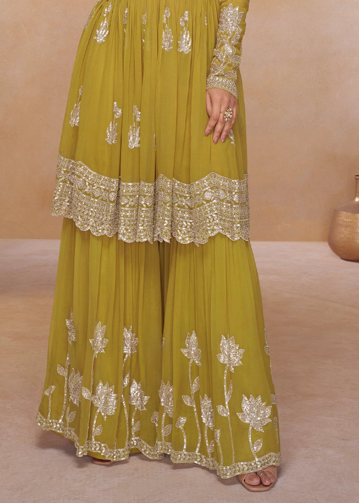 Shrek Green Chinon Silk Palazzo Suit with Contemporary Embroidery
