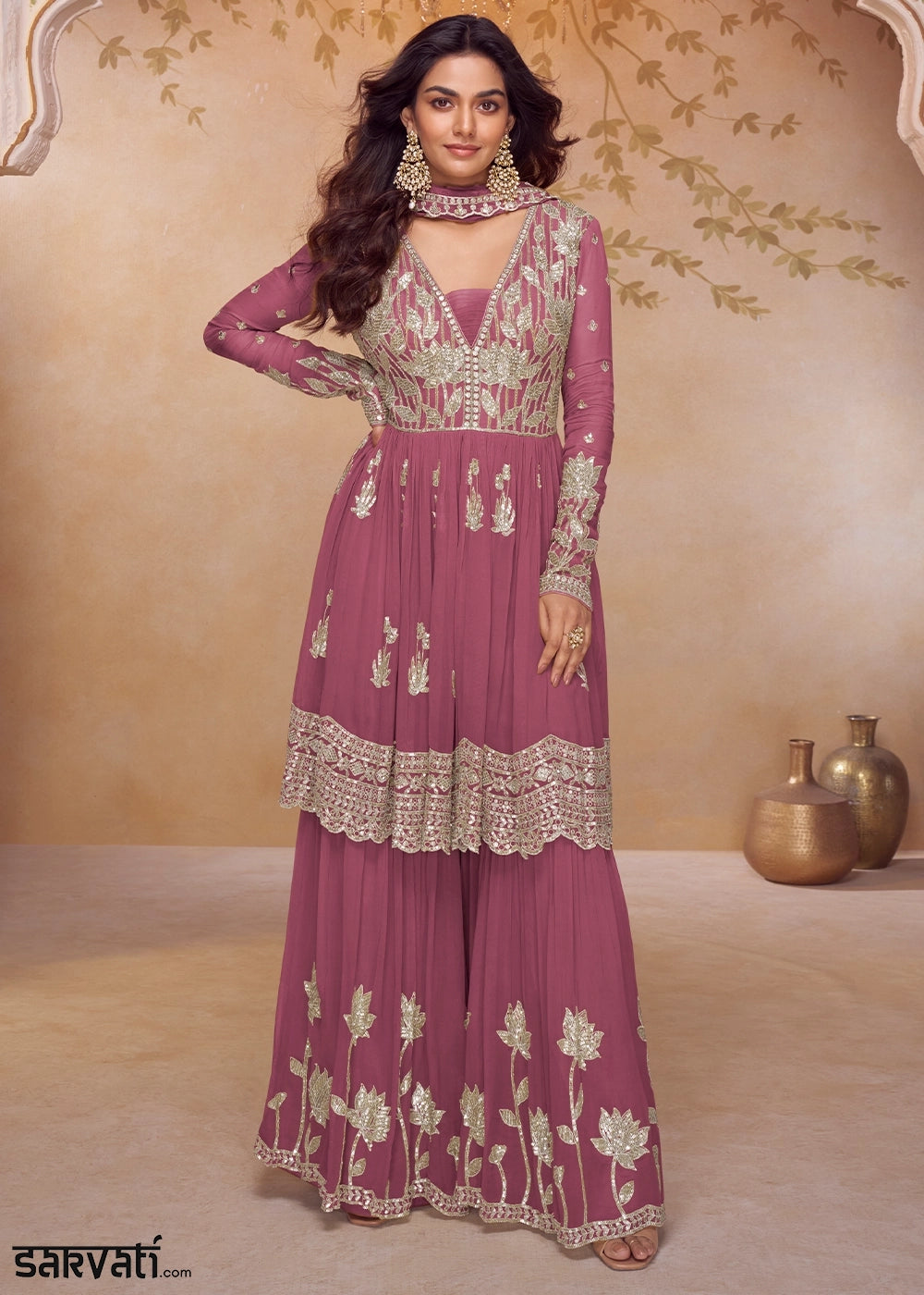 Wildberry Purple Chinon Silk Palazzo Suit with Contemporary Embroidery