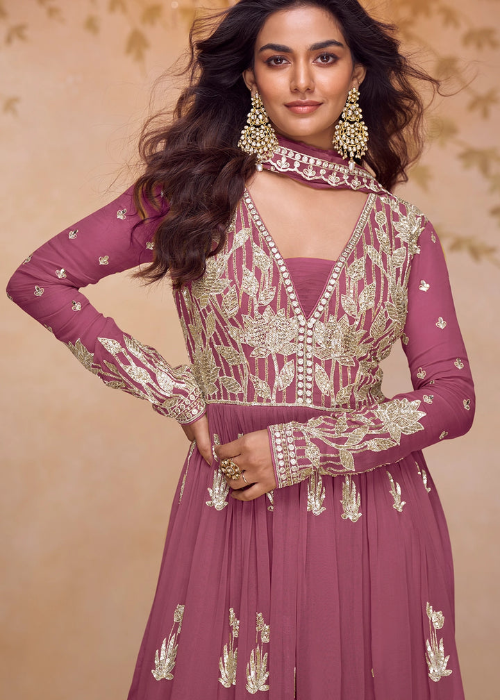 Wildberry Purple Chinon Silk Palazzo Suit with Contemporary Embroidery