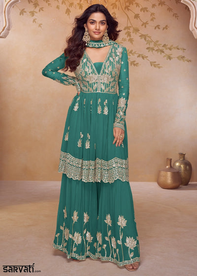 Teal Blue Chinon Silk Palazzo Suit with Contemporary Embroidery