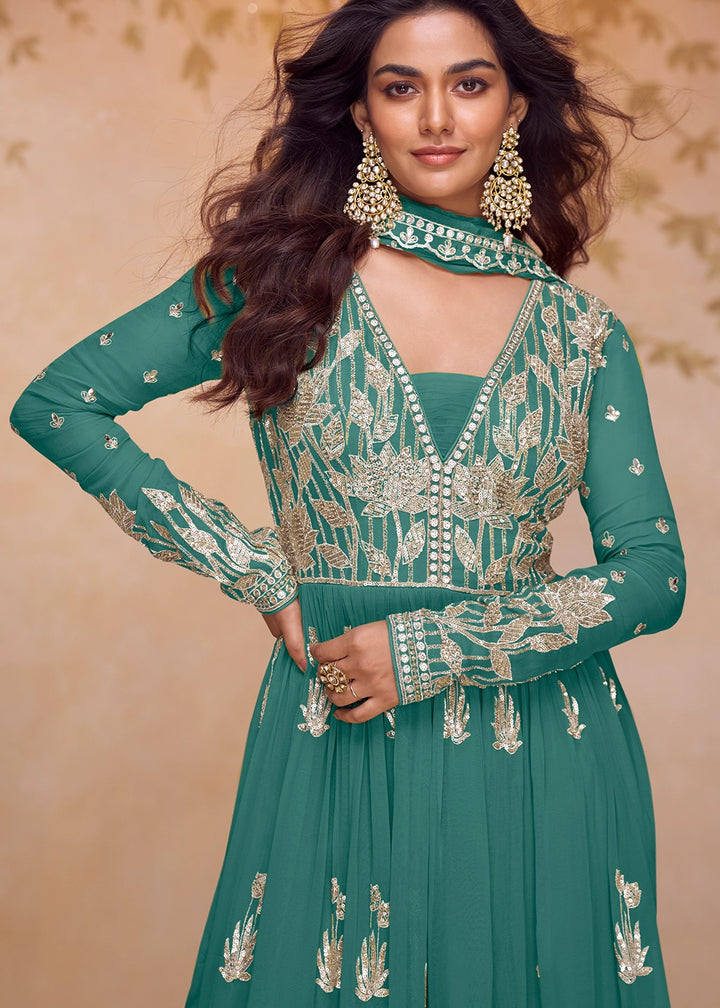 Teal Blue Chinon Silk Palazzo Suit with Contemporary Embroidery