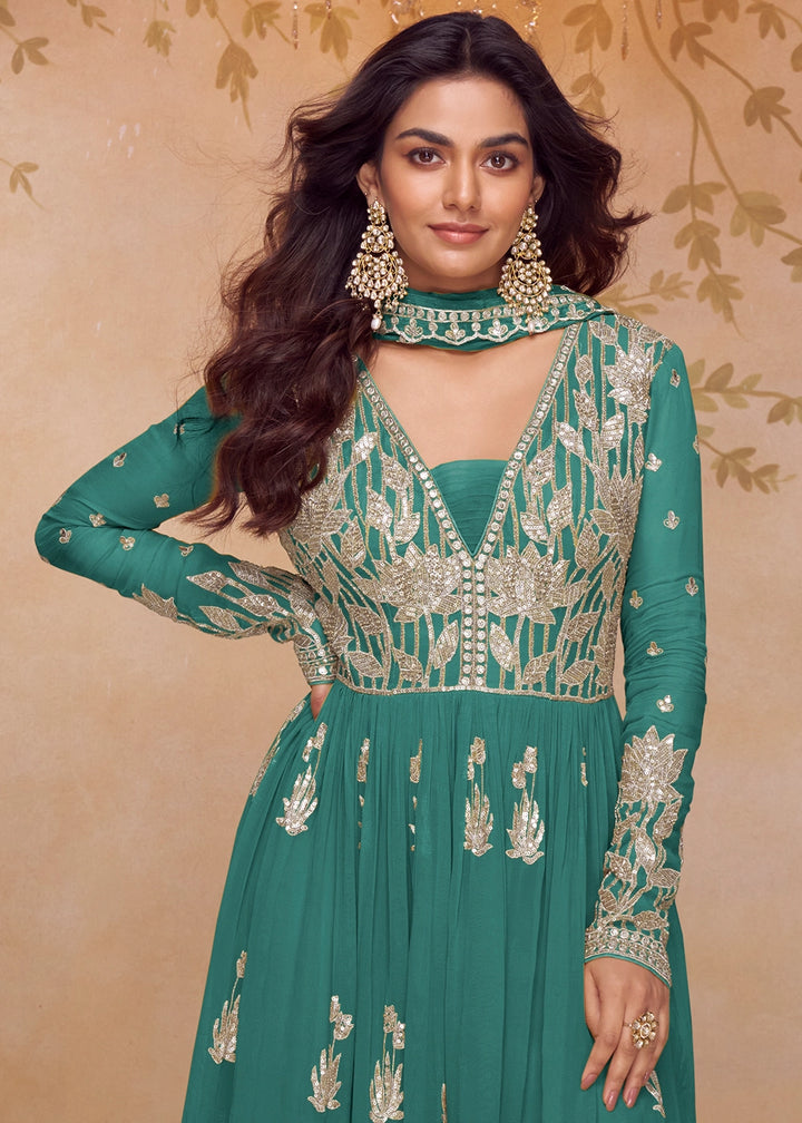 Teal Blue Chinon Silk Palazzo Suit with Contemporary Embroidery
