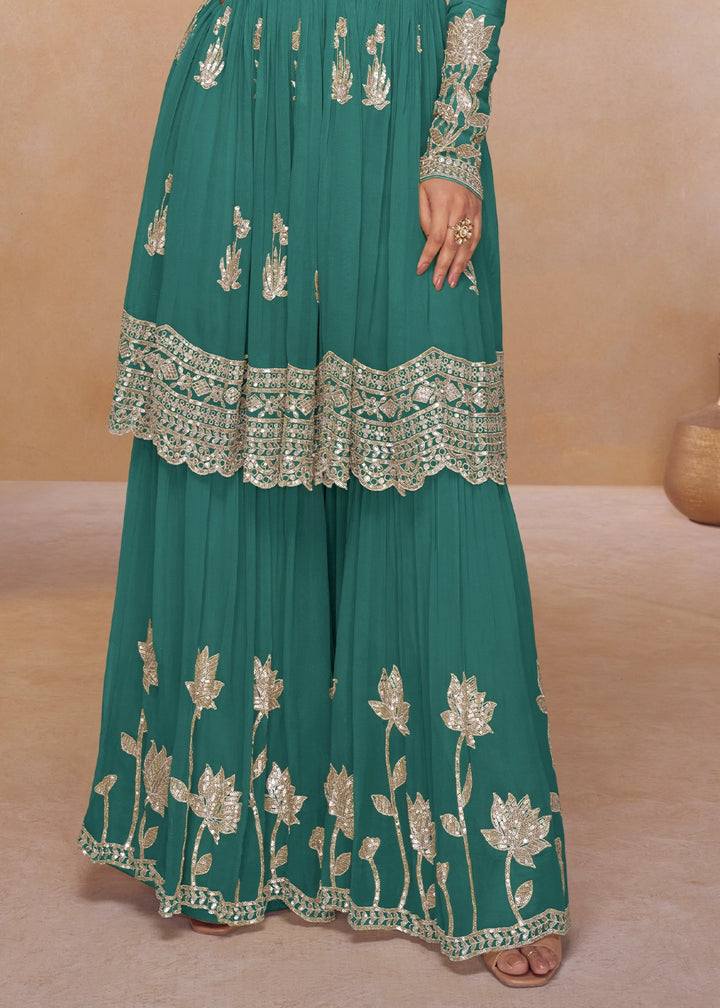 Teal Blue Chinon Silk Palazzo Suit with Contemporary Embroidery