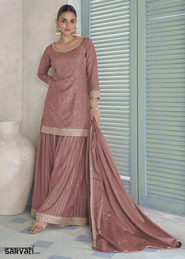 Thulian Pink Chinon Silk Couture Palazzo Suit with Embroidery