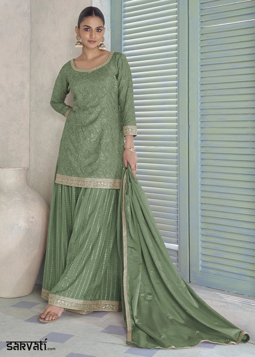 Cool Green Chinon Silk Couture Palazzo Suit with Embroidery