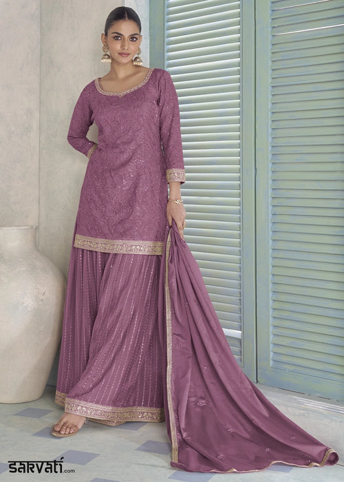 Pearly Purple Chinon Silk Couture Palazzo Suit with Embroidery