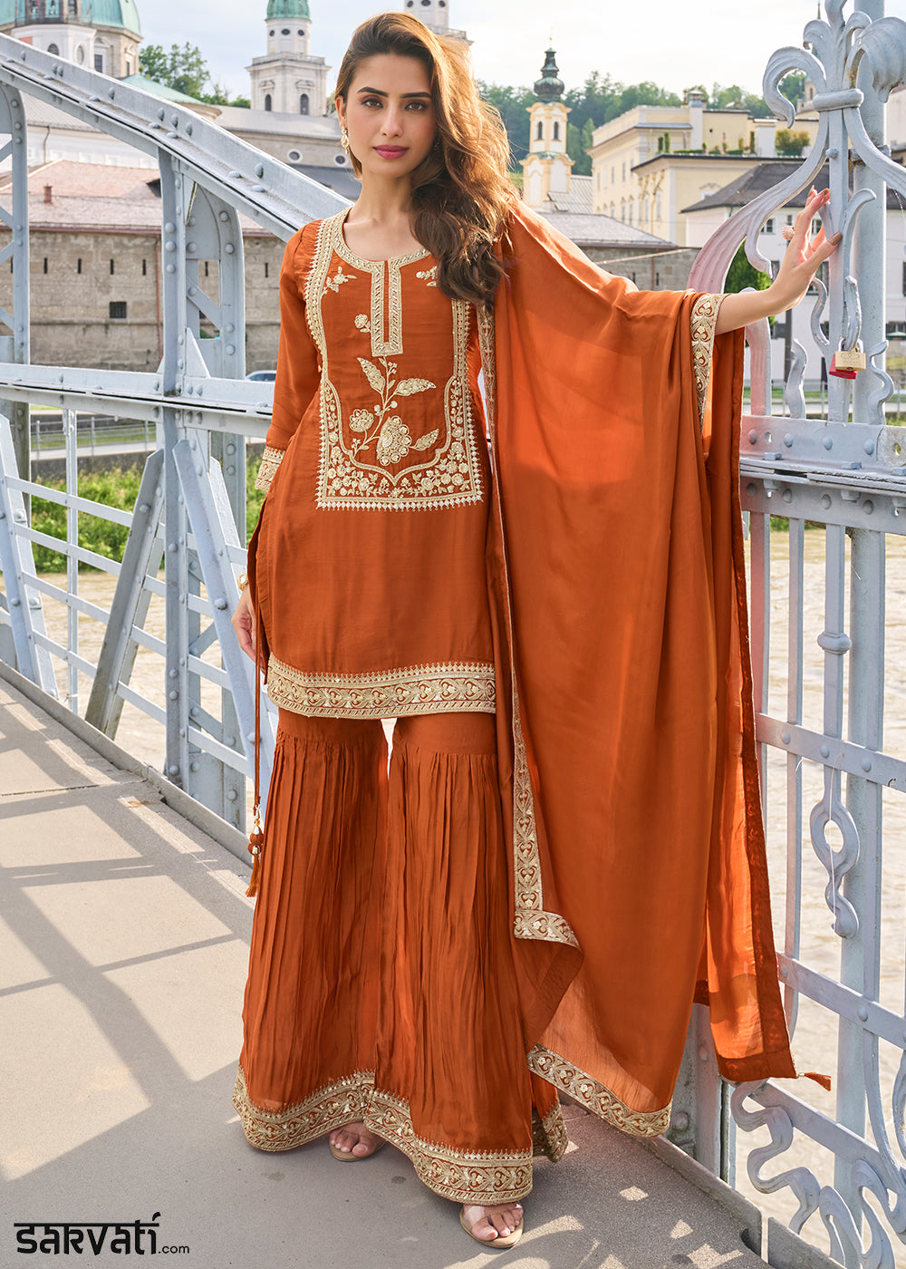 Rust Orange Silk Sharara Suit Set with Intricate Thread Embroidery, Zari & Sequin Work