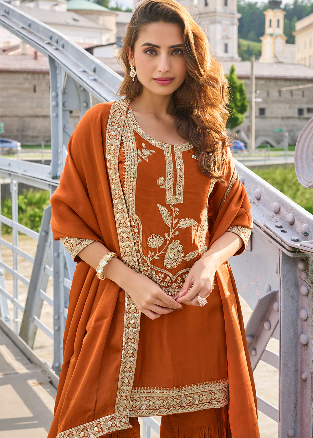 Rust Orange Silk Sharara Suit Set with Intricate Thread Embroidery, Zari & Sequin Work