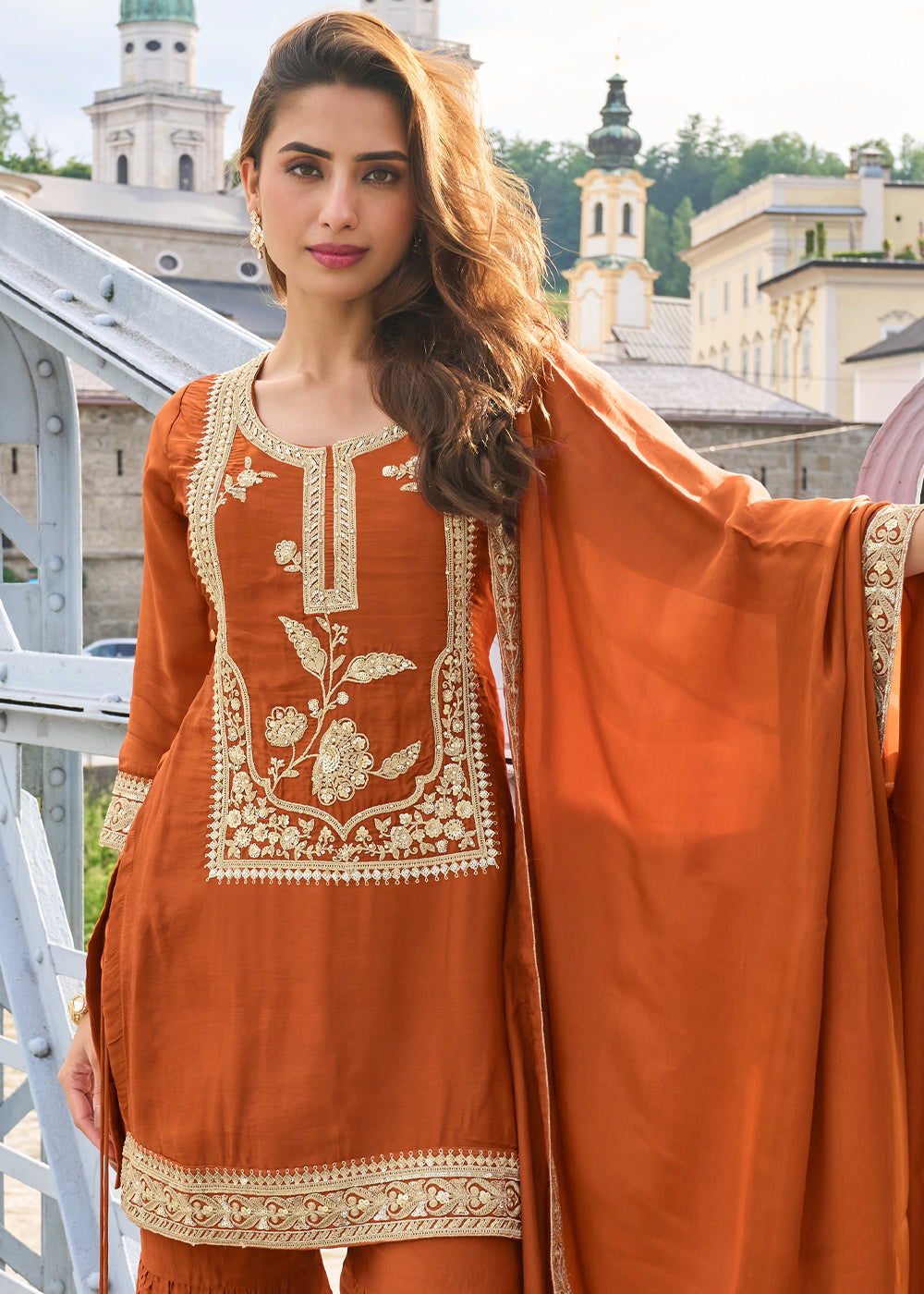 Rust Orange Silk Sharara Suit Set with Intricate Thread Embroidery, Zari & Sequin Work